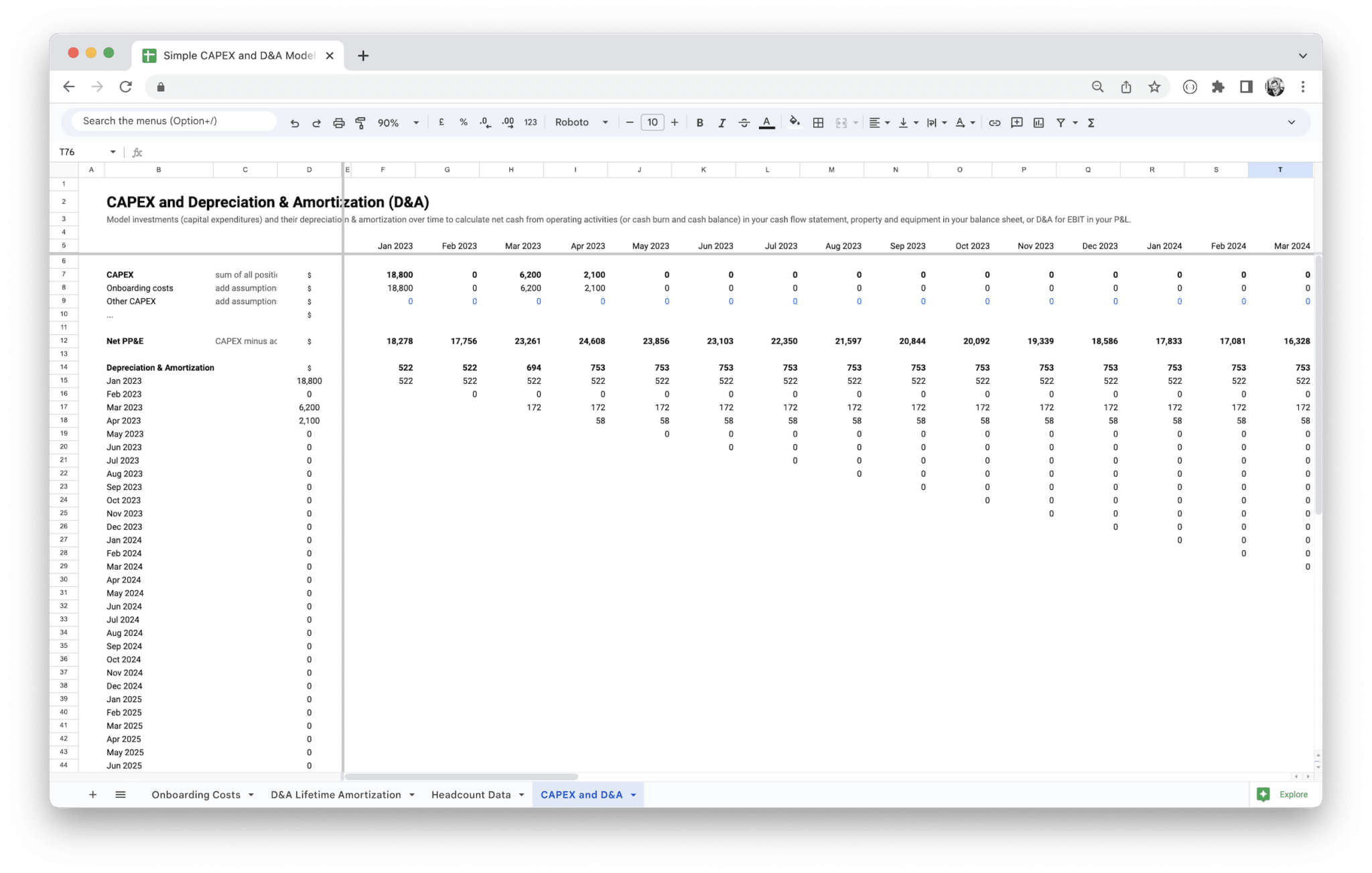 Capital Expenditure Planning - CAPEX and D&A screenshot in Google Sheets