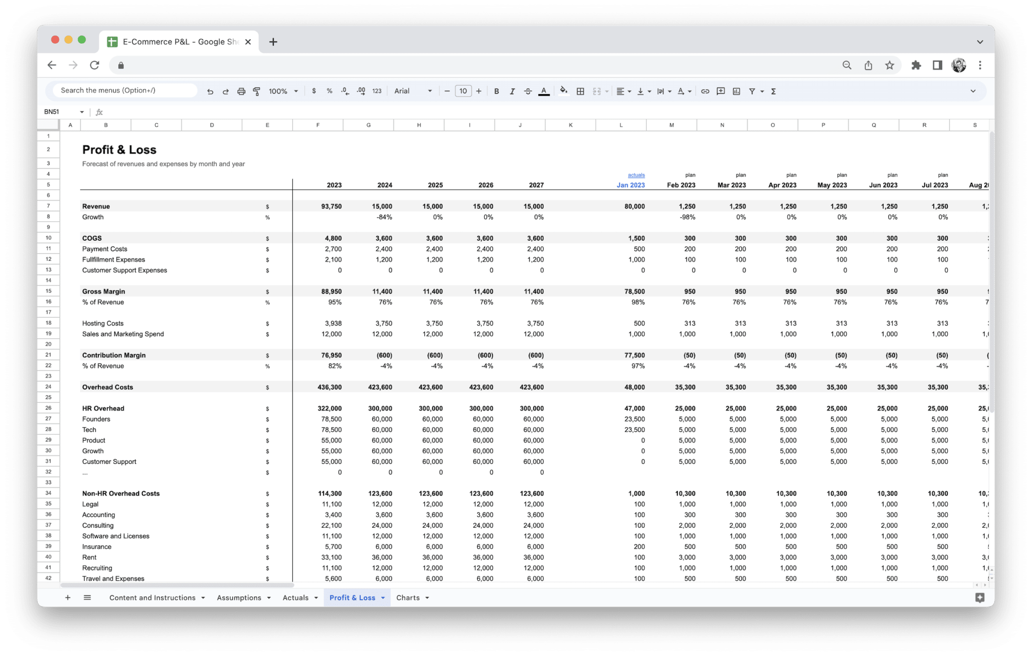 E-Commerce Profit and Loss Statement template: monthly Profit & Loss tab in Google Sheets