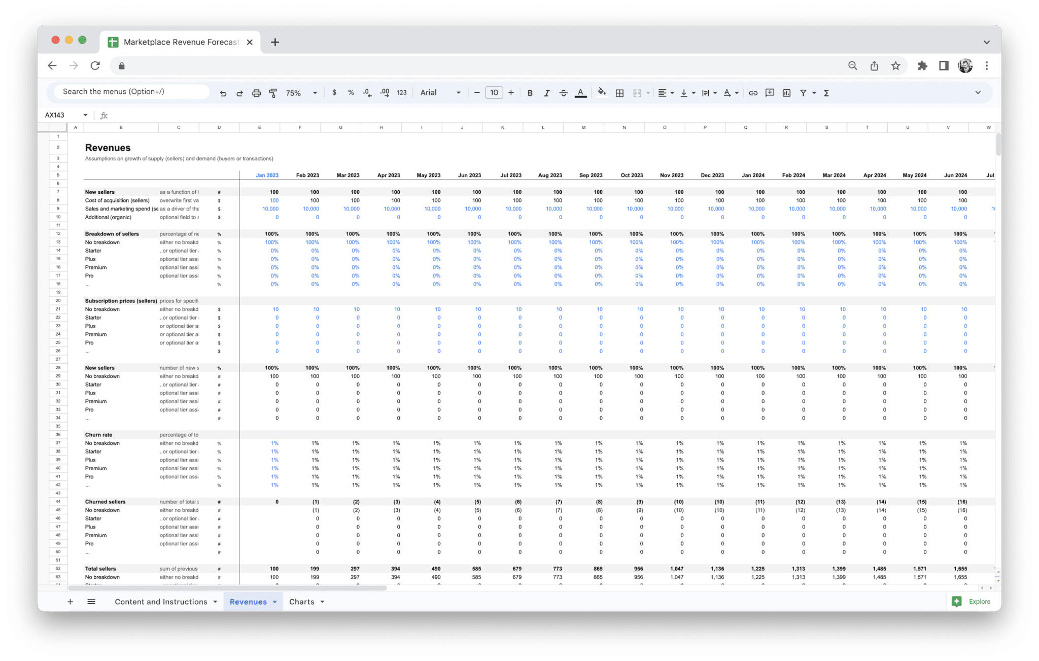 Marketplace Revenue Forecasting Tool - Marketplace Revenue Forecasting Tool Revenues screenshot in Google Sheets