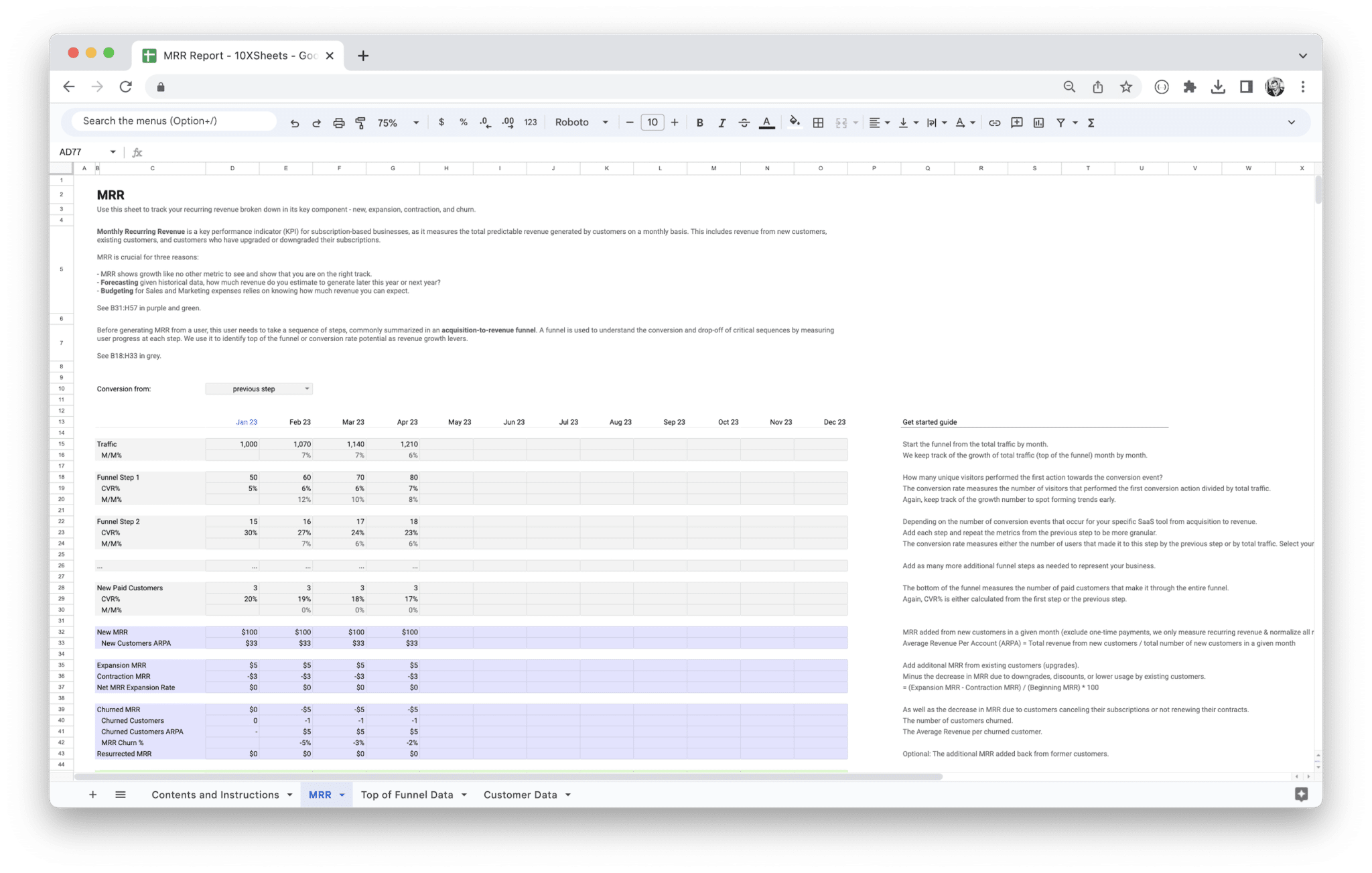 MRR Dashboard - MRR Dashboard with key metrics and charts in Google Sheets