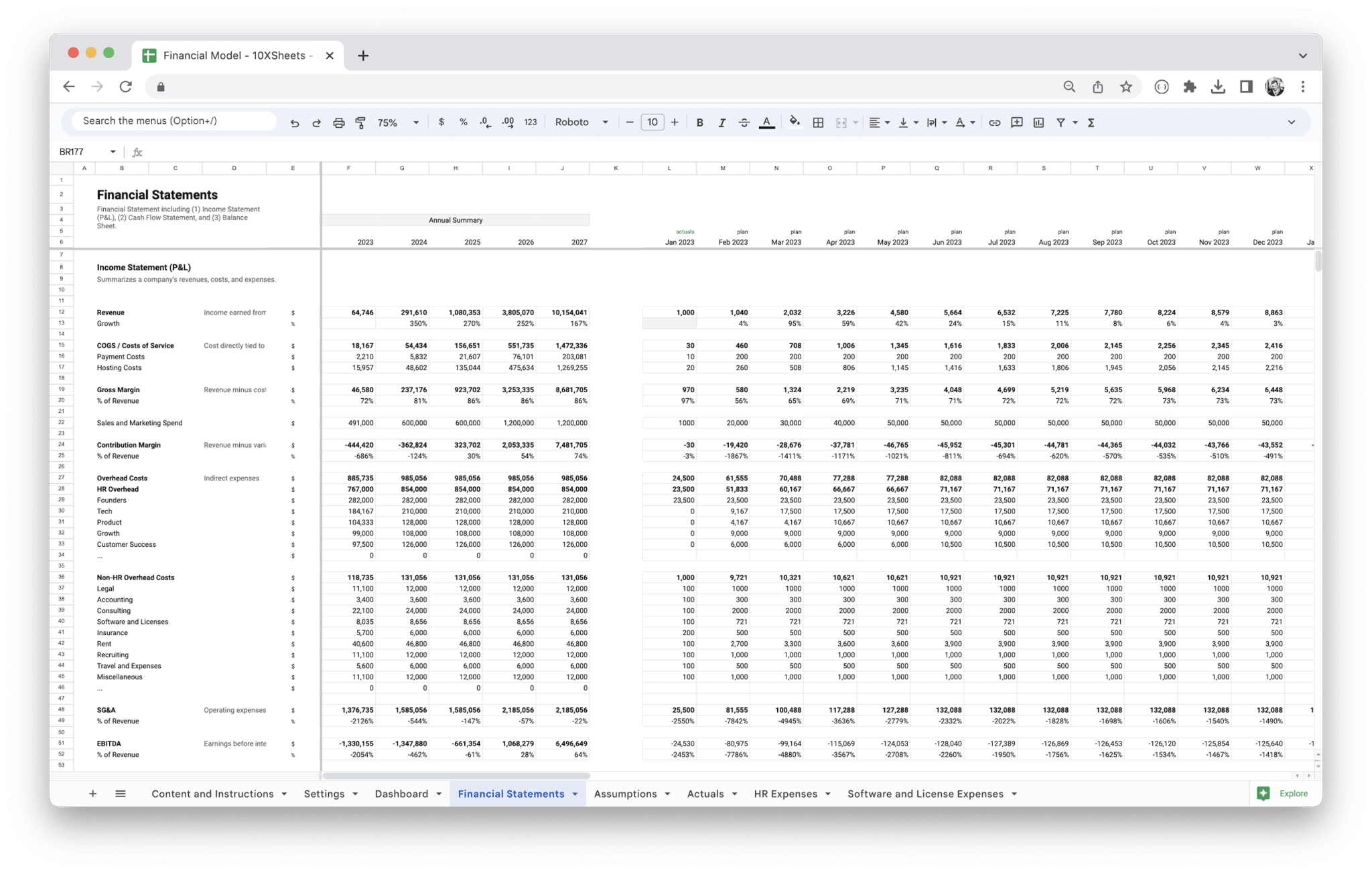 Standard Financial Model Template - Income Statement (P&L) showing revenue, expenses, and projections in Google Sheets