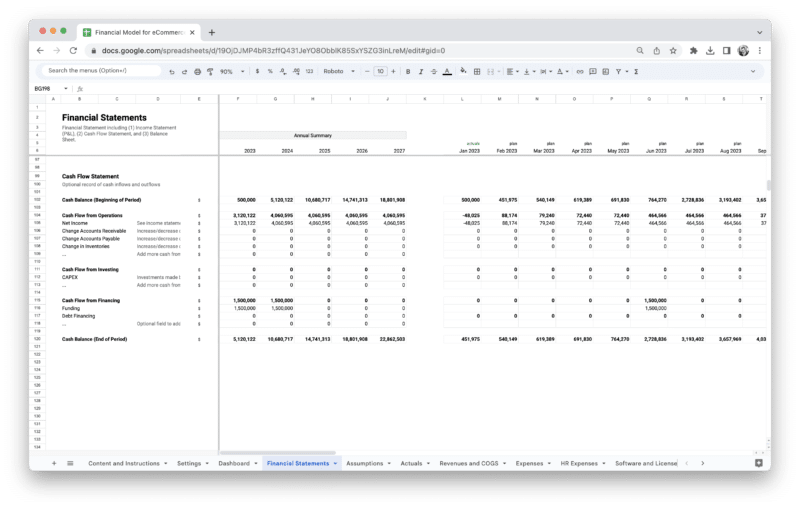 E-Commerce Financial Model Template - 10XSheets